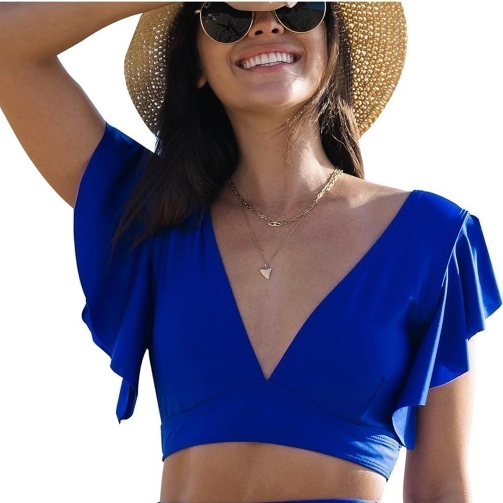 SPORLIKE Women Royal Blue Ruffle Swimsuit Push Up Bikini Top Small NEW